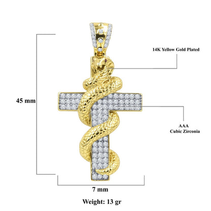 14K Yellow Gold On Real Sterling Silver Simulated Diamonds Cross Snake Copra Custom Pendent Charm