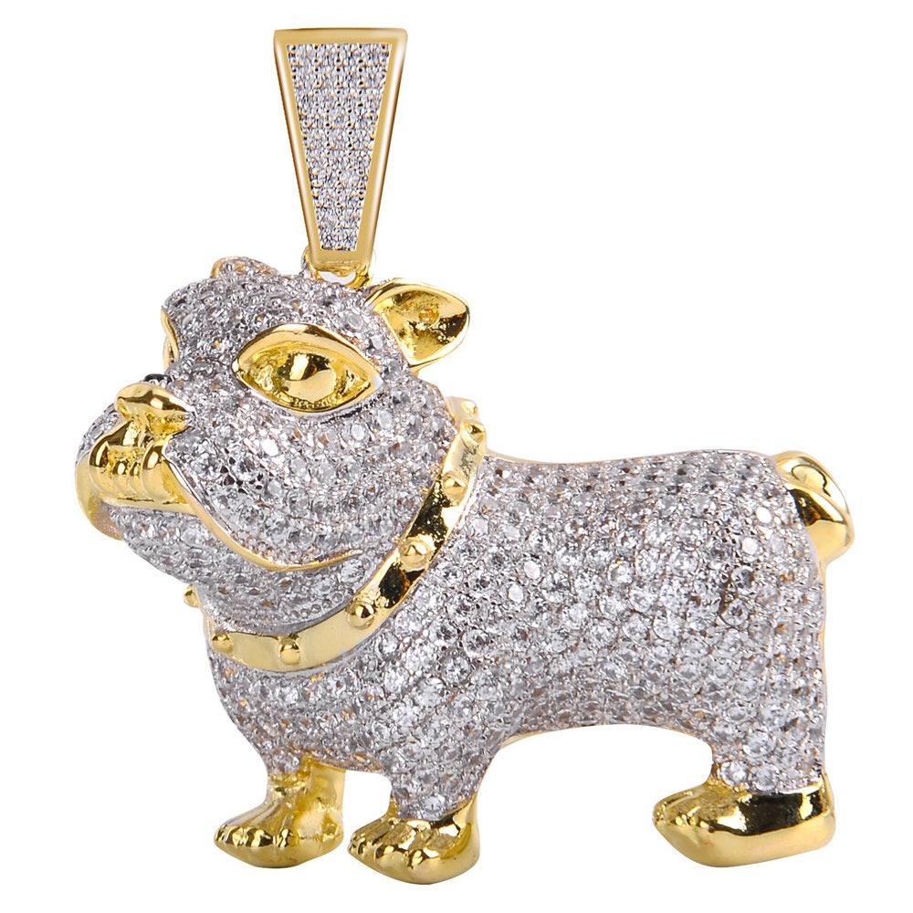 Mens 14K Yellow Gold On Real Sterling Silver Simulated Simulated Diamond Bulldog Custom Pendant Charm