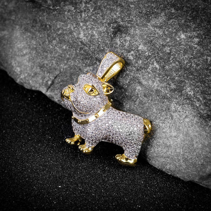 Mens 14K Yellow Gold On Real Sterling Silver Simulated Simulated Diamond Bulldog Custom Pendant Charm