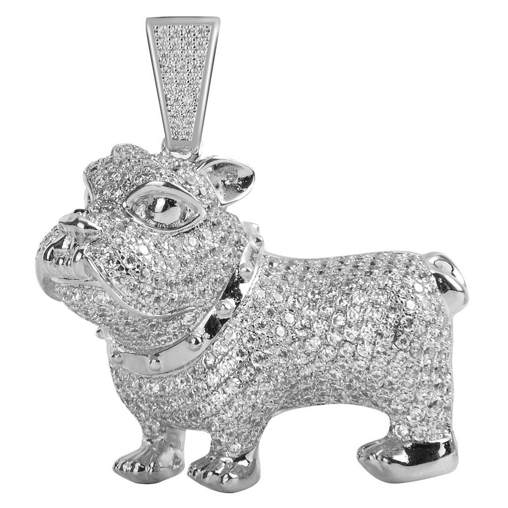 Mens 14K White Gold On Real Sterling Silver Simulated Simulated Diamond Bulldog Custom Pendant Charm