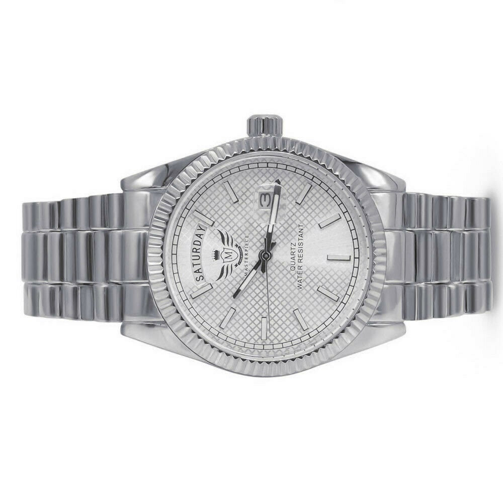 Mens Silver Dial Face 14K White Gold Tone Day/Date Function Solid Steel Back Water Resistance Metal Band Watch