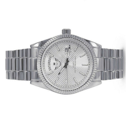 Mens Silver Dial Face 14K White Gold Tone Day/Date Function Solid Steel Back Water Resistance Metal Band Watch