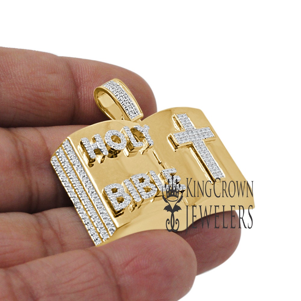 Real Genuine Diamond 10K Yellow Gold Finish Open Holy Bible Book Cross Pendant Cross Charm
