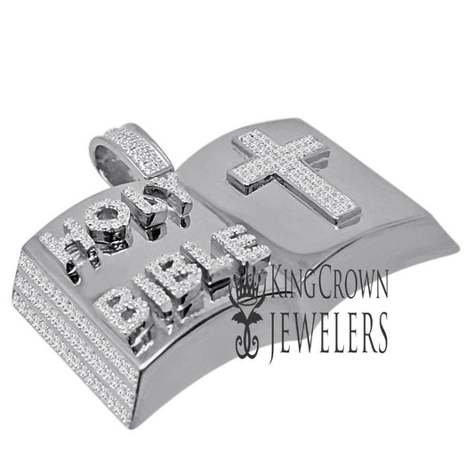 Real Genuine Diamond 10K White Gold Finish Open Holy Bible Book Cross Pendant Cross Charm