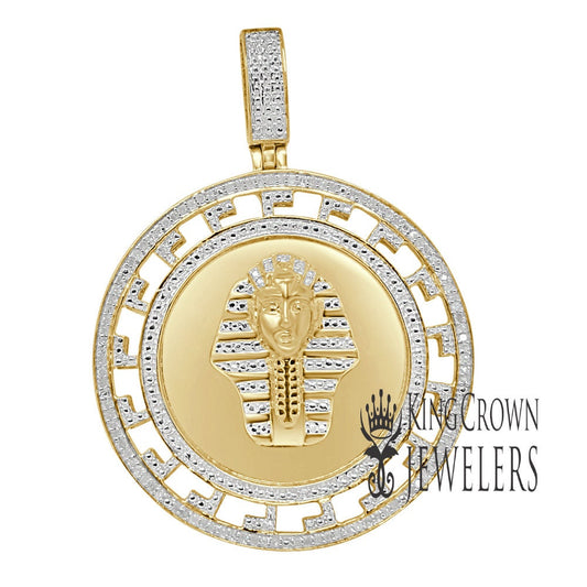 Real Genuine Diamonds Greek Style Egyptian Pharaoh King Tut Round Medallion Pendent 10K Yellow Gold Over Charm 2.00''''