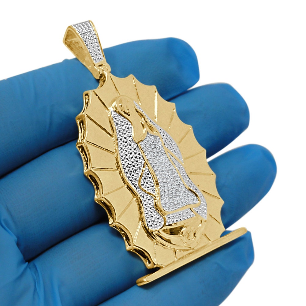 Mens Real Genuine Diamond 10K Yellow Gold Tone Mother Mary Cherub Pendant Charm