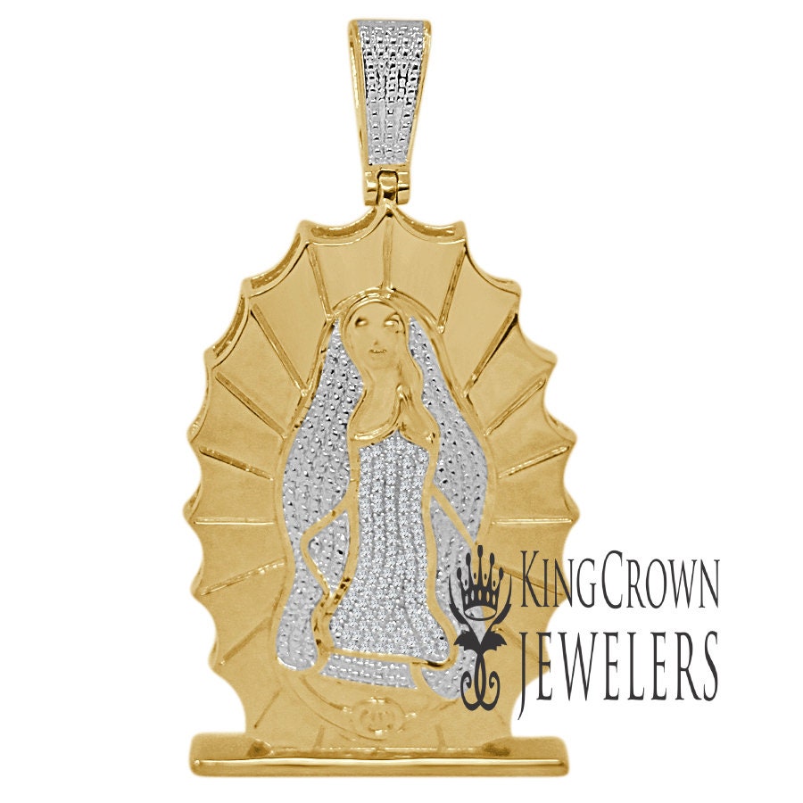Mens Real Genuine Diamond 10K Yellow Gold Tone Mother Mary Cherub Pendant Charm