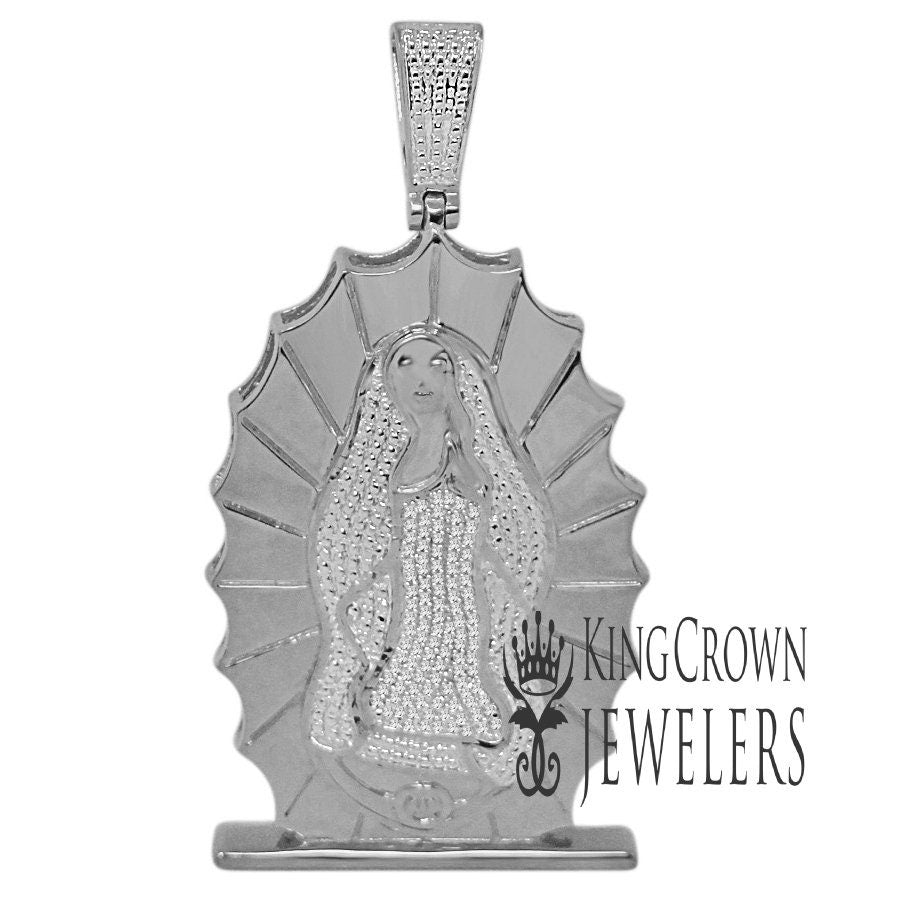 Mens Real Genuine Diamond 10K White Gold Tone Mother Mary Cherub Pendant Charm