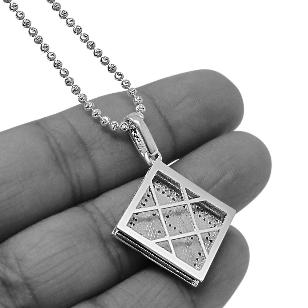 Real Diamond Mini Holy Bible Book 10K White Gold Finish Pendent Charm Chain Set