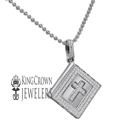 Real Diamond Mini Holy Bible Book 10K White Gold Finish Pendent Charm Chain Set