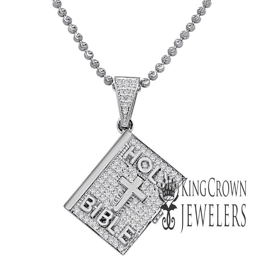 Genuine Authentic Diamond Mini Holy Bible Book 10K White Gold Finish Pendent Charm + Chain
