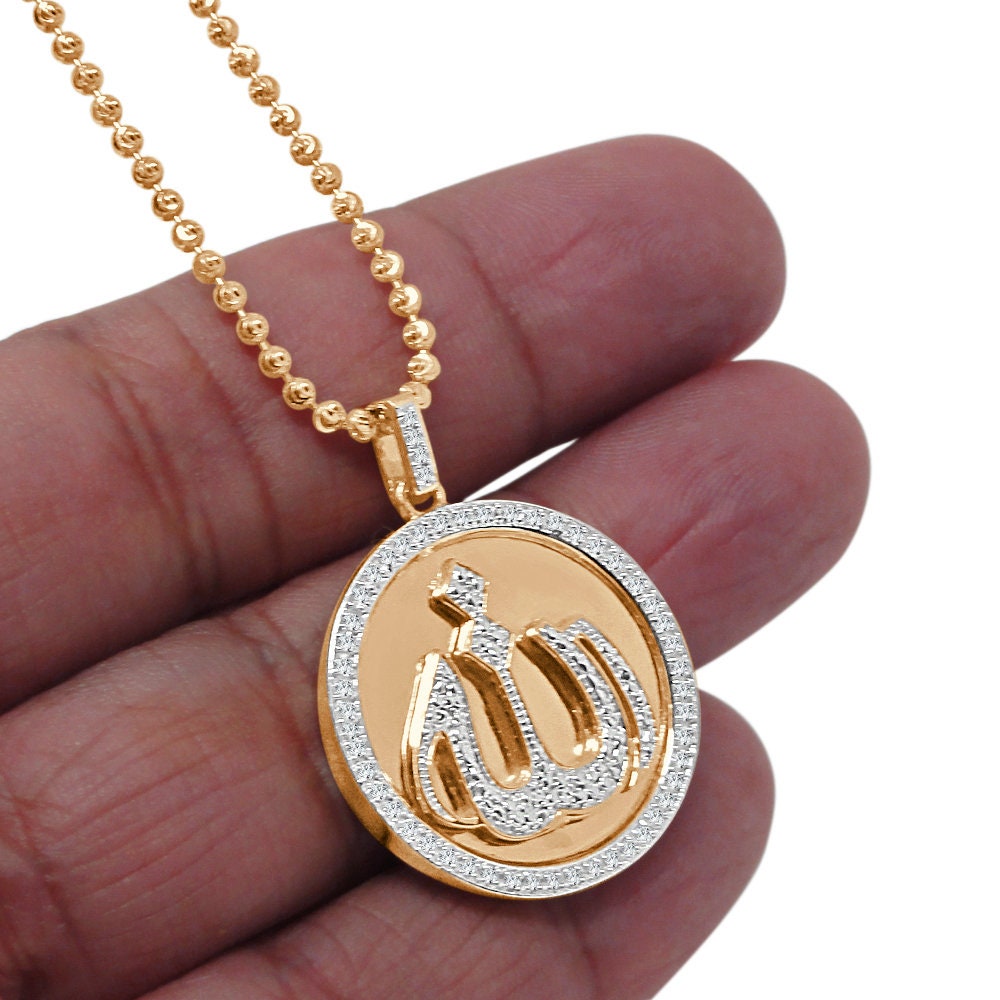 Real Genuine Authentic Diamond Mini Allah God Muslim Islamic Arabic Religious Pendant 10K Rose Gold Over Charm Chain Set Mini Small 1.25''