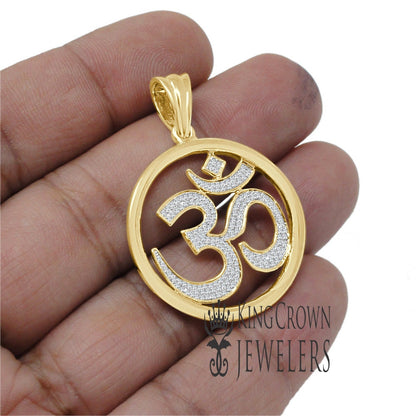 Real Genuine Authentic Diamond 0.40 Cwt. OM Symbol Hindu Medallion Charm 10K Solid Yellow Gold Finish Unisex Religious Pendant 1.65''
