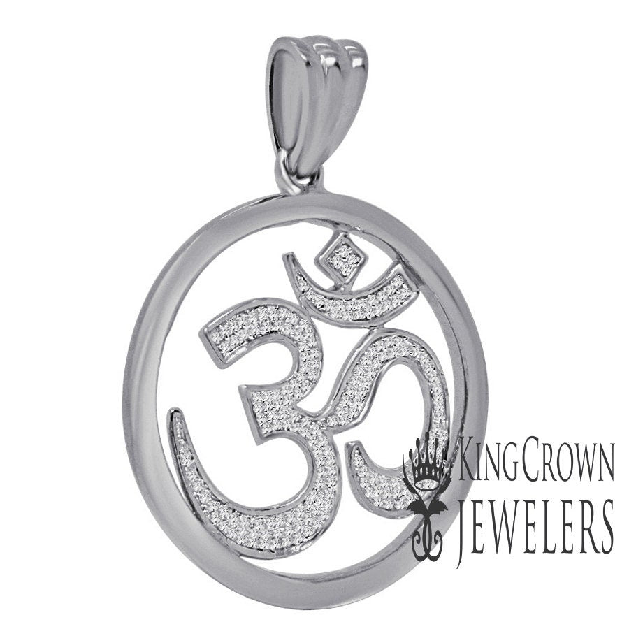 Real Genuine Authentic Diamond 0.40 Cwt. OM Symbol Hindu Medallion Charm 10K Solid White Gold Finish Unisex Religious Pendant 1.65''