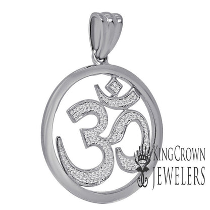 Real Genuine Authentic Diamond 0.40 Cwt. OM Symbol Hindu Medallion Charm 10K Solid White Gold Finish Unisex Religious Pendant 1.65''