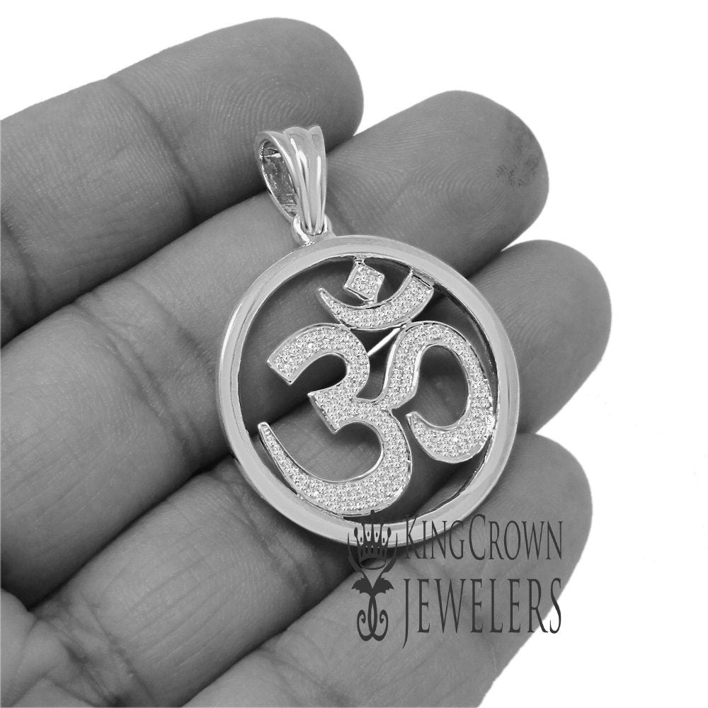 Real Genuine Authentic Diamond 0.40 Cwt. OM Symbol Hindu Medallion Charm 10K Solid White Gold Finish Unisex Religious Pendant 1.65''