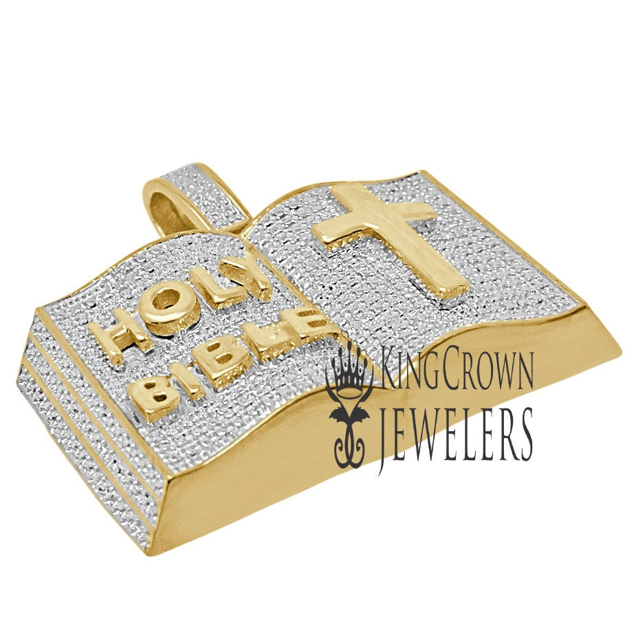 Mens Genuine Diamonds Holy Bible Book Pendant Cross Charm 10K Yellow Gold Finish