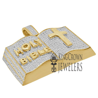 Mens Genuine Diamonds Holy Bible Book Pendant Cross Charm 10K Yellow Gold Finish
