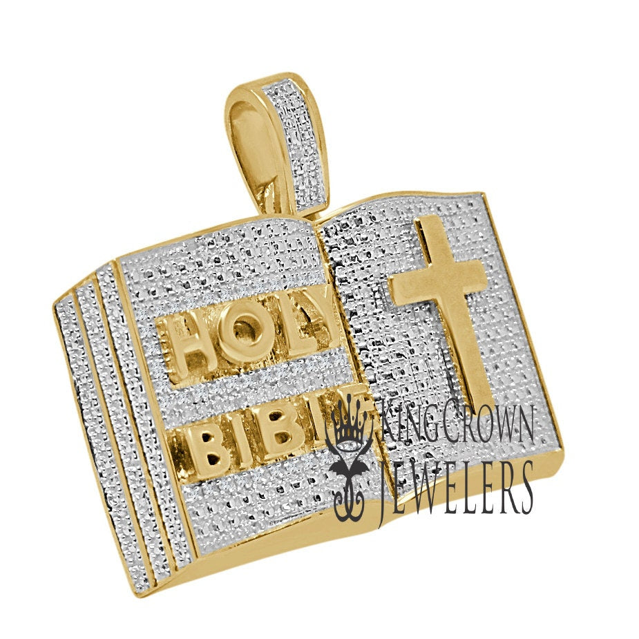 Mens Genuine Diamonds Holy Bible Book Pendant Cross Charm 10K Yellow Gold Finish