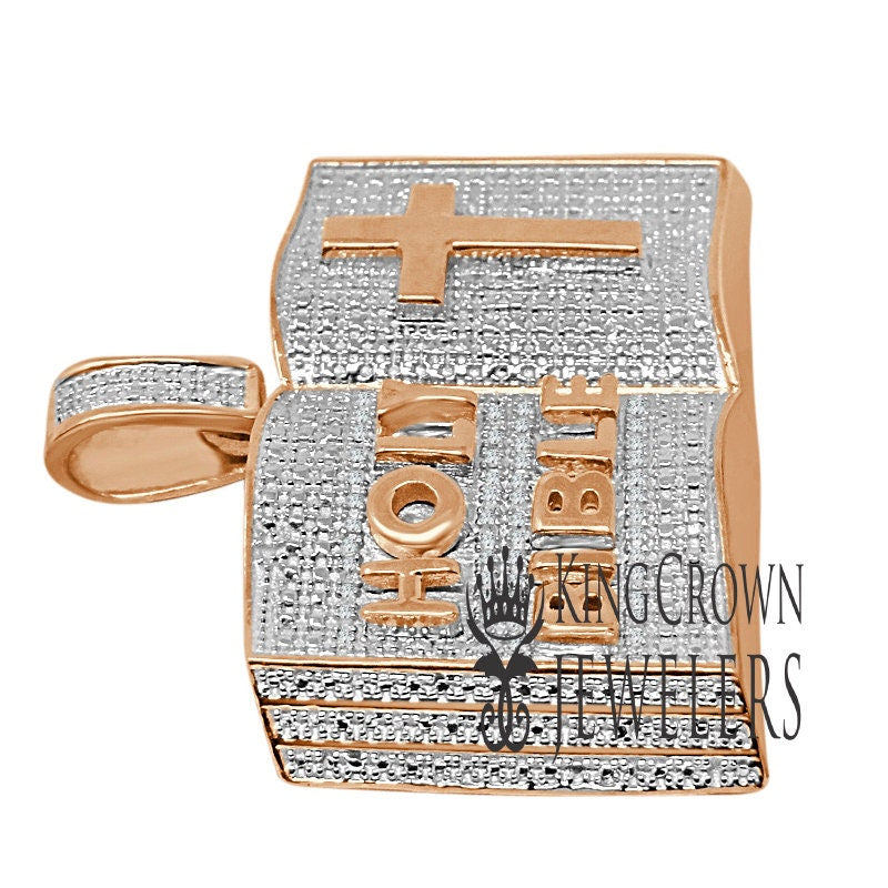 Mens Genuine Diamonds Holy Bible Book Pendant Cross Charm 10K Rose Gold Finish