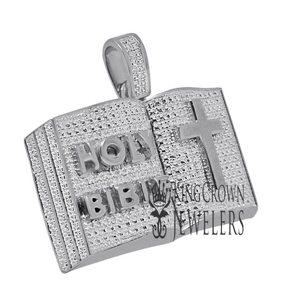 Mens Genuine Diamonds Holy Bible Book Pendant Cross Charm 10K White Gold Finish