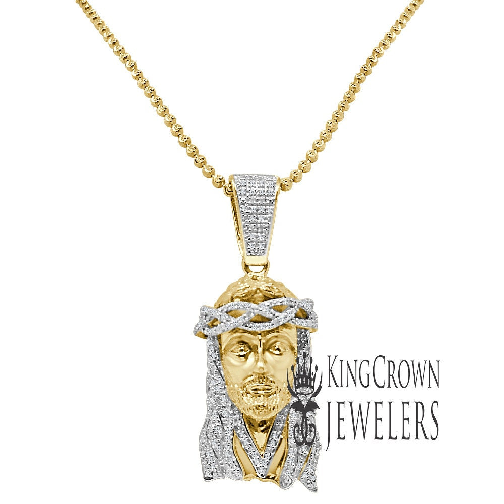 Genuine Diamond Yellow Gold Finish Mens Mini Jesus 1.75" Charm Pendant Chain Set