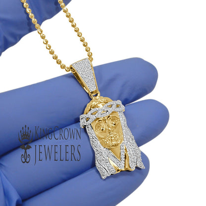 Genuine Diamond Yellow Gold Finish Mens Mini Jesus 1.75" Charm Pendant Chain Set