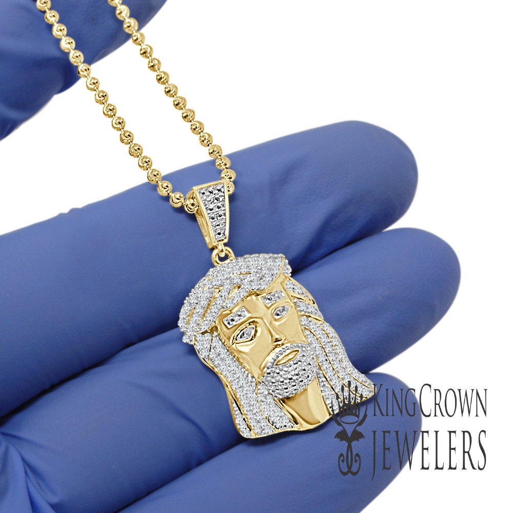 Unisex Real Genuine Diamond Yellow Gold Finish Mini Jesus 1.40" Charm Pendant Chain Set