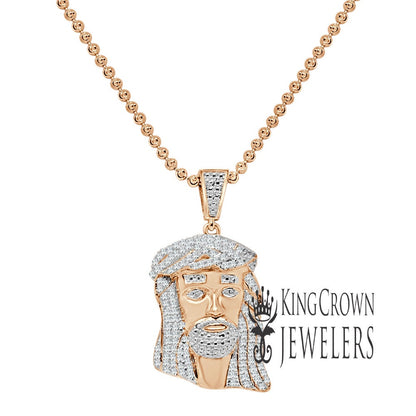 Unisex Real Genuine Diamond 10K Rose Gold Finish Mini Jesus 1.40" Charm Pendant Chain Set