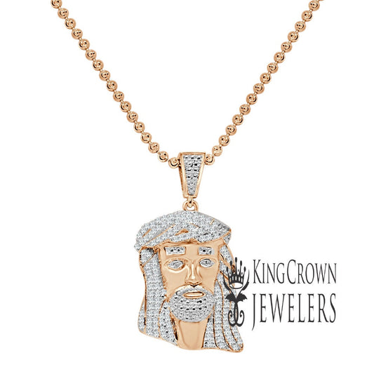 Unisex Real Genuine Diamond 10K Rose Gold Finish Mini Jesus 1.40" Charm Pendant Chain Set
