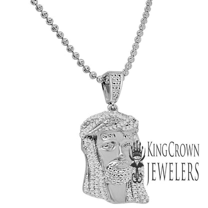 Unisex Real Genuine Diamond 10K White Gold Finish Mini Jesus 1.40" Charm Pendant Chain Set