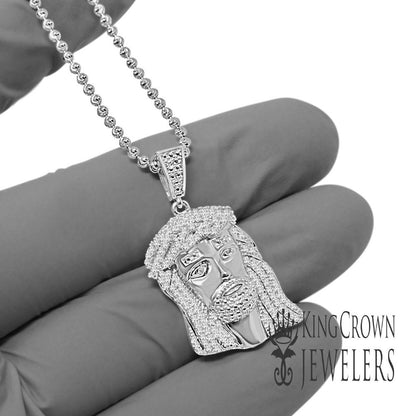 Unisex Real Genuine Diamond 10K White Gold Finish Mini Jesus 1.40" Charm Pendant Chain Set