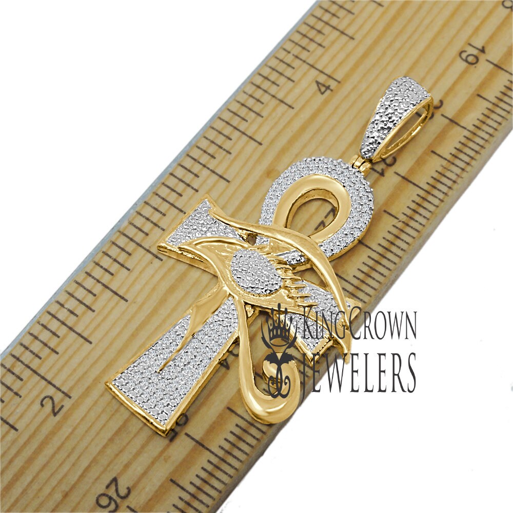 Men's Genuine Real Diamond Egyptian Evil Eye Ankh Cross Charm Chain Set 10K Gold Over Pendant 2''