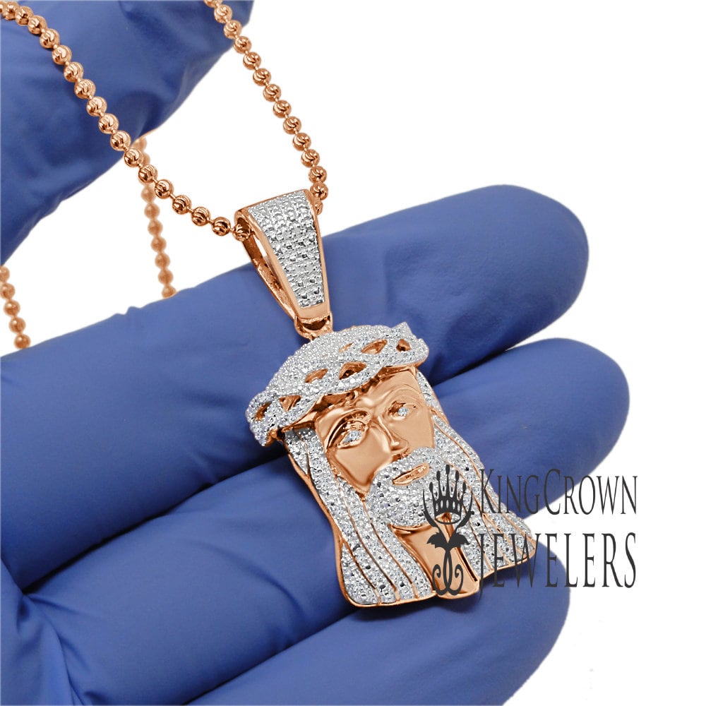 Genuine Diamond Rose Gold Finish Mini Jesus 1.80" Unisex Charm Pendant Chain Set