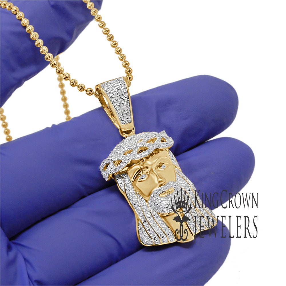 Genuine Diamond 10K Yellow Gold Finish Mini Jesus 1.80" Unisex Charm Pendant Chain Set