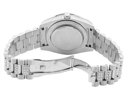 18K White Gold Solid Stainless Steel Simulated Diamond Presidential Watch 41MM