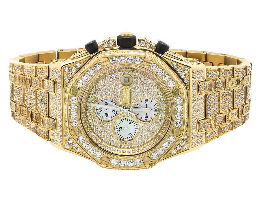 18K Yellow Gold Full Stainless Steel Mens Simulated Diamond Chronograph Watch 43MM
