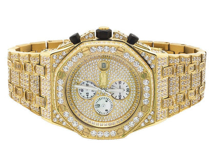 18K Yellow Gold Full Stainless Steel Mens Simulated Diamond Chronograph Watch 43MM