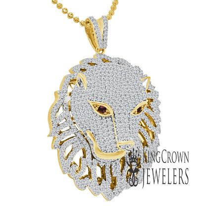 42+ Grams Real Genuine Sterling Silver 3.75 Ct. Simulated Diamond 14K Gold Finish Ruby Red Eye Lion Head Men's Charm Pendant Big Bold 2.75''