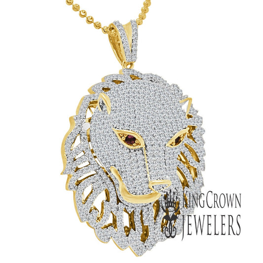 42+ Grams Real Genuine Sterling Silver 3.75 Ct. Simulated Diamond 14K Gold Finish Ruby Red Eye Lion Head Men's Charm Pendant Big Bold 2.75''