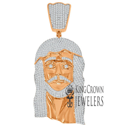 Jumbo 4'' 14K Real Rose Gold Sterling Silver Simulated Diamonds Jesus Holy Face Piece Pendent Charm