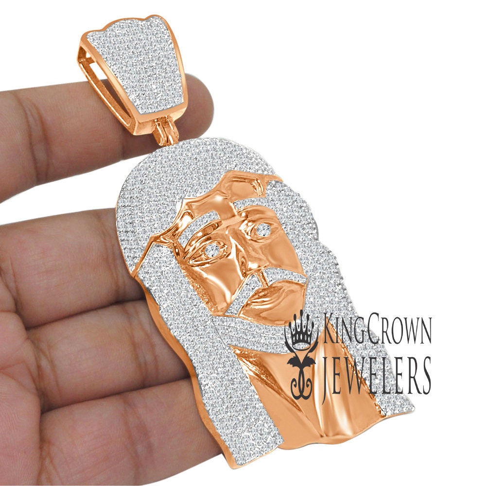 Jumbo 4'' 14K Real Rose Gold Sterling Silver Simulated Diamonds Jesus Holy Face Piece Pendent Charm