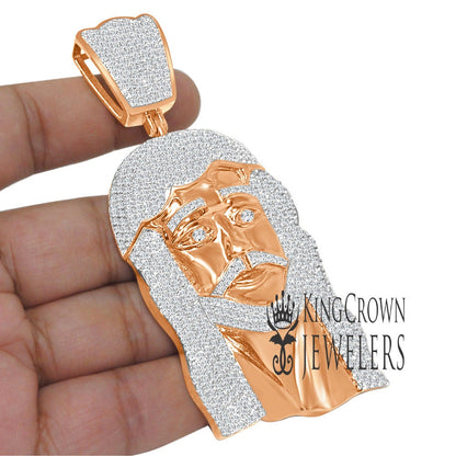 Jumbo 4'' 14K Real Rose Gold Sterling Silver Simulated Diamonds Jesus Holy Face Piece Pendent Charm