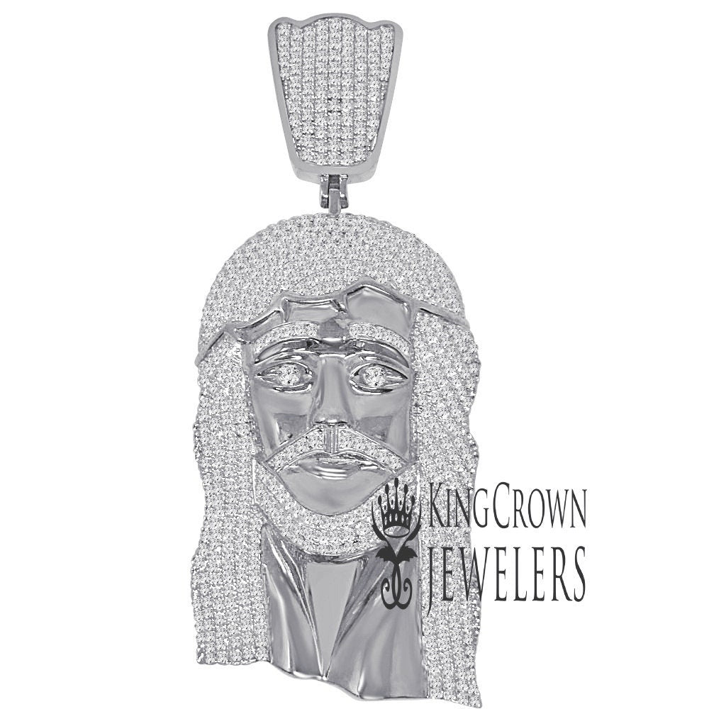 Jumbo 4'' 14K Real White Gold Sterling Silver Simulated Diamonds Jesus Holy Face Piece Pendent Charm