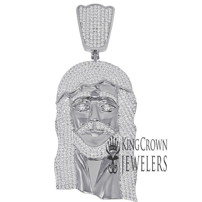 Jumbo 4'' 14K Real White Gold Sterling Silver Simulated Diamonds Jesus Holy Face Piece Pendent Charm