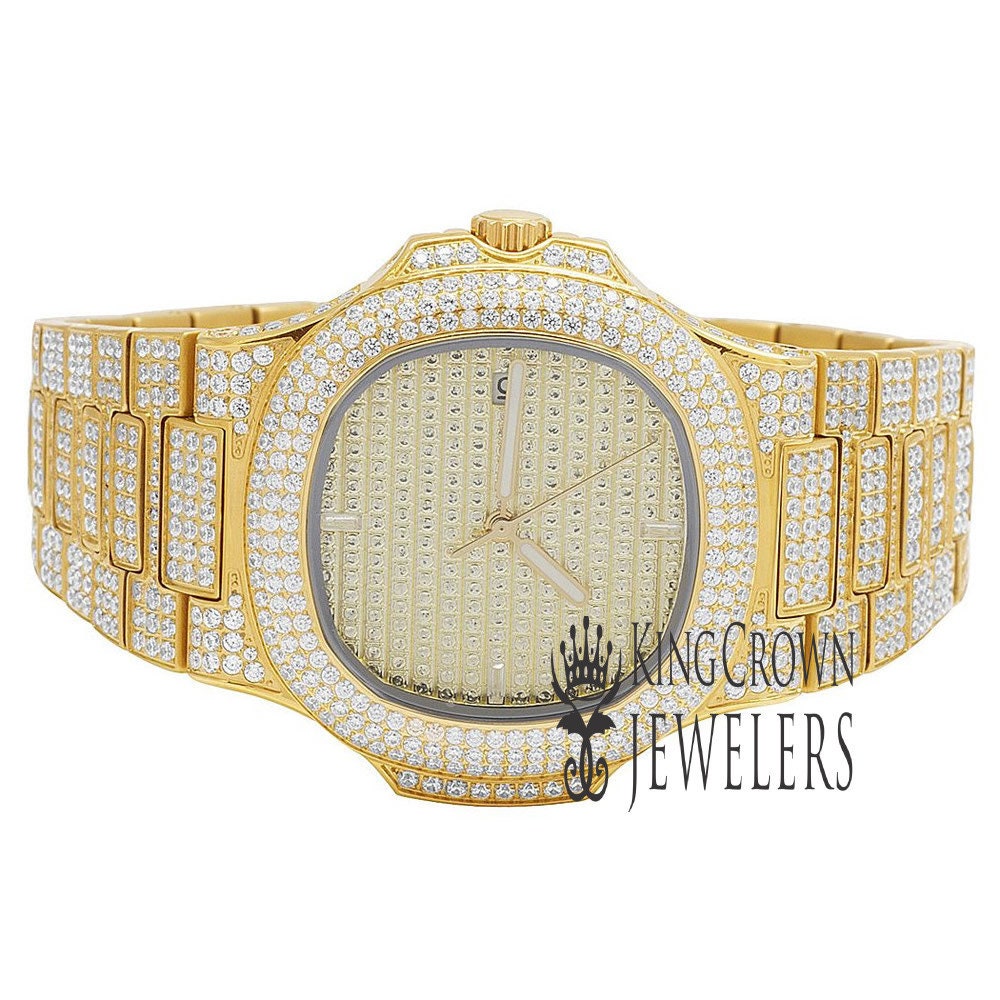 Mens Iced Sold Yellow Gold Stainless Steel 40MM PP Simulated Diamond Watch W/Date Function