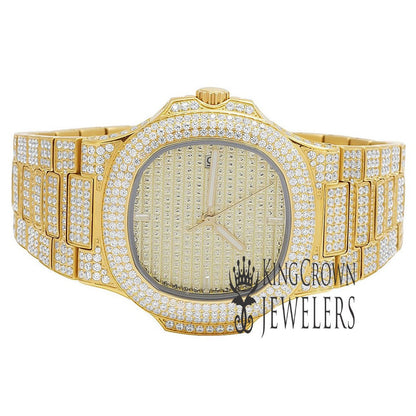 Mens Iced Sold Yellow Gold Stainless Steel 40MM PP Simulated Diamond Watch W/Date Function