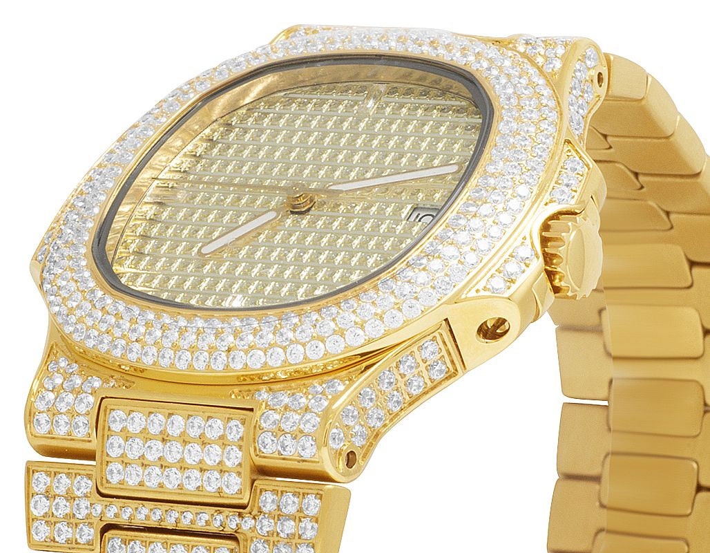 Mens Iced Sold Yellow Gold Stainless Steel 40MM PP Simulated Diamond Watch W/Date Function