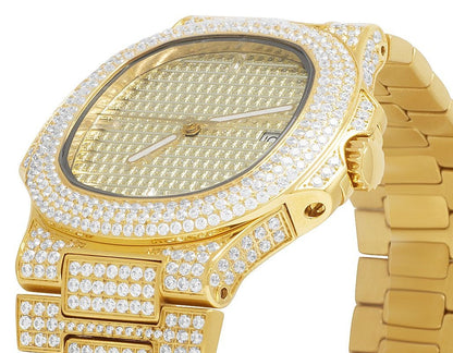 Mens Iced Sold Yellow Gold Stainless Steel 40MM PP Simulated Diamond Watch W/Date Function