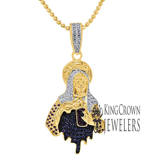 14K Yellow Gold On Silver Lady of Guadalupe Mother Mary Pendant Charm Chain Set